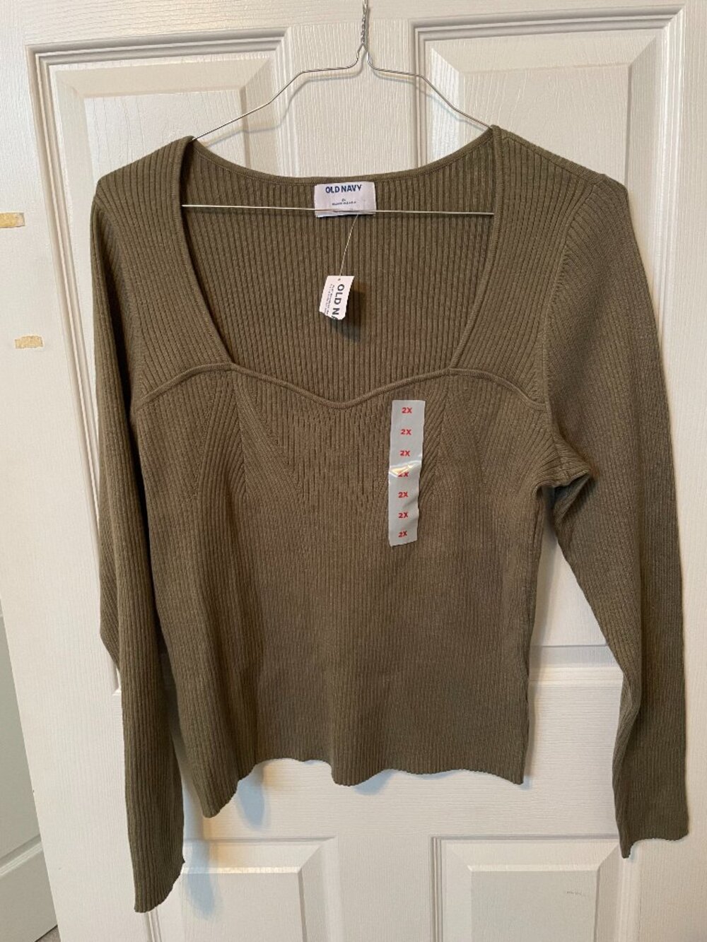 Old Navy Green Blouse Sweater 2x Sweetheart Neckline Cotton Blend Rib Knit NWT
